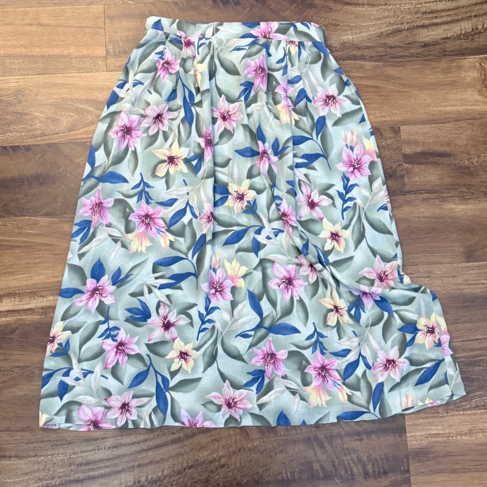 Jaclyn Smith Vintage 90s Floral Rayon Midi Skirt Green Pink Tropical Large 8069
